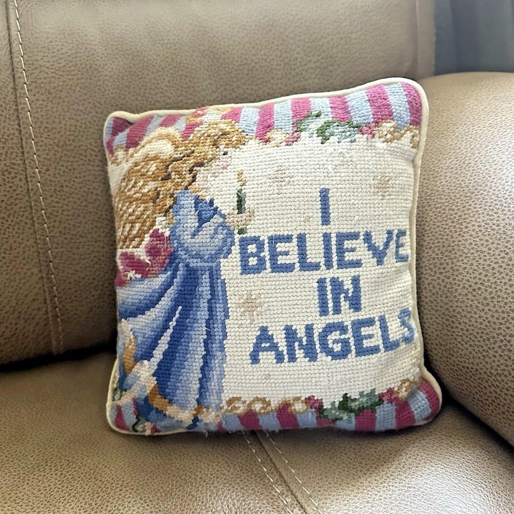 Vintage Needlepoint Angel Pillow I Believe in Angels 9x9 Decorative Cushion